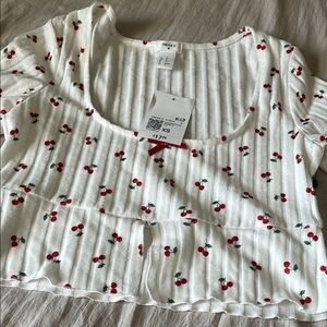 H&M White and Red Cherry Print Blouse